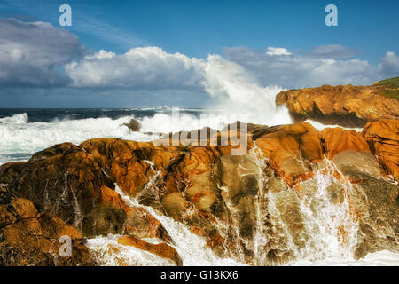 Tosende Wellen und hohe Brandung Pfund die Sandsteinfelsen von Point Lobos State Natural Reserve im kalifornischen Big Sur Küste. Stockfoto