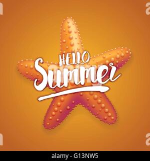Hallo Sommer Nachricht auf detaillierte Vektor-Illustration von Seesternen. Stock Vektor