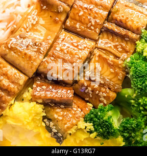 Die Close Up der japanischen gegrillten Aal und Reis auf Schüssel Set. Stockfoto