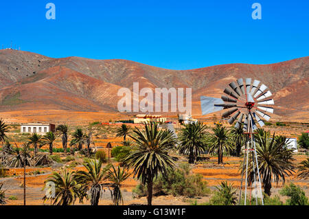 Landschaft von Antigua, in Fuerteventura, Kanarische Inseln, Spanien, mit einer Windpumpe im Vordergrund Stockfoto