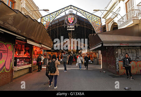 Eingang zum Markt La Boqueria in Barcelona, El Mercat de la Boqueria Stockfoto