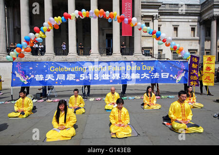 London, UK. 8. Mai 2016. Falun Gong fördern, Falun Dafa Tag meditieren vor der National Gallery am Trafalgar Square in London. Der Tag selbst findet am 13. Mai und ist in über 100 Ländern seit fast 25 Jahren gefeiert worden. Bildnachweis: Paul Brown/Alamy Live-Nachrichten Stockfoto