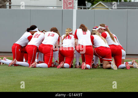 Houston, TX, USA. 8. Mai 2016. Houston Cougar-Softball-Team zusammen kauert vor dem NCAA Softballspiel zwischen Houston und Memphis vom Cougar Softball Stadium in Houston, Texas. Kredit-Bild: Erik Williams/Cal Sport Media/Alamy Live News Stockfoto