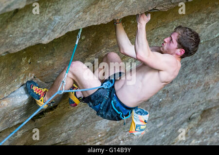 Eine männliche Kletterer am Samstag, 7. Mai 2016 an den Red River Gorge in Kentucky. Jacob Kupferman/CSM Stockfoto