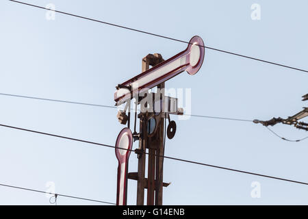 Formsignal Zug auf Bahnstrecke Stockfoto