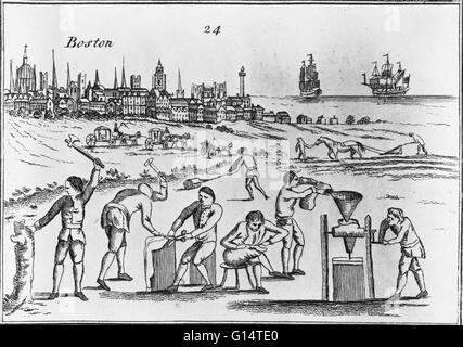 "Politische Strom; oder eine historische & prophetischen Print im Jahre 1770, "eine Gravur aus einem Flugblatt veröffentlicht in London, zeigt fleißig amerikanischen Kolonisten bei Arbeiten in Neu-England.  Das Bild soll die britische Regierung zu warnen, die Stockfoto