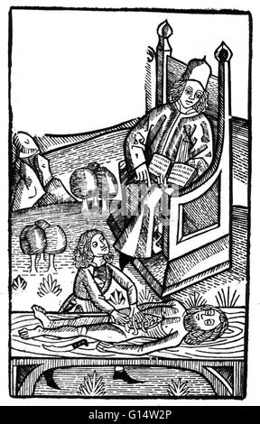 15. Jahrhundert Anatomiestunde, von Mondino Anathomia Corporis Humani, (1493). Während der Professor den Text liest, betont seine Assistentin die Organe in der Diskussion. Mondino de Luzzi (1270-1326) war ein italienischer Arzt, Anatom und professor Stockfoto