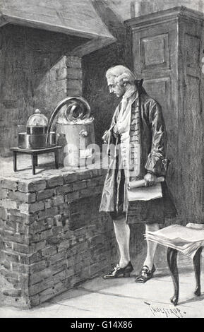 Lavoisier, Sauerstoff und Wasserstoff mit einer elektrischen Funkens zu Wasser verbinden. Antoine-Laurent Lavoisier (26. August 1743 - 8. Mai 1794) war ein französischer Chemiker, der als der Begründer der modernen Chemie gilt. Er verändert die Wissenschaft von einer qualitativen, ein Stockfoto