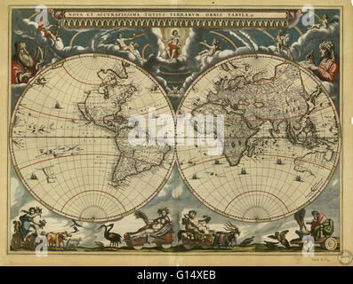 Weltkarte, um 1664 in Amsterdam, die Niederlande, um niederländische Kartograph Joan Blaeu (c.1599-1673) veröffentlicht. Der lateinische Titel ist Nova et Accuratissima Totius Terrarum Orbis Tabula (neue und präzise alle Weltkarte). Blaeus Karten auf denen Mercato gebaut Stockfoto