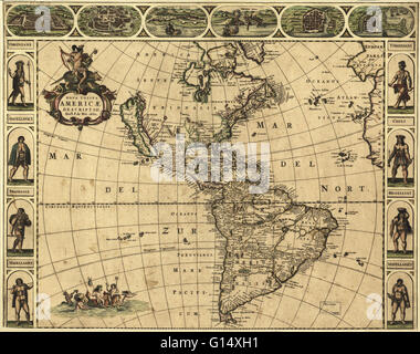 17. Jahrhundert-Karte von Amerika. Veröffentlicht in Amsterdam im Jahre 1660, zeigt diese Karte durch die niederländische Kartograph Frederick de Wit (c.1630-1706) die Geographie des Amerikas, der neuen Welt, die von den Europäern untersucht werden. Die Erforschung von Südamerika war gut ein Stockfoto