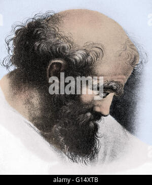 Porträt des Pythagoras eine Portion ein Fresko von Raffael entnommen. Pythagoras von Samos (570-495 BC) war eine antike griechische Philosoph und Mathematiker und Gründer der religiösen Bewegung namens Begnadigung. Er machte einflussreiche Beiträge zur phi Stockfoto