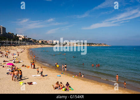 Die kilometerlangen Strandabschnitt (Platja del Wunder) von Tarragona und das Mittelmeer, Katalonien, Spanien Stockfoto