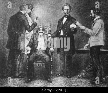 Erster Einsatz von chirurgischen Anästhesie. Die erste öffentliche Demonstration der chirurgische Anästhesie am Massachusetts General Hospital, 16. Oktober 1846. Verschiedenen Anästhetika, von Alkohol, Opium, wurden durch die Geschichte verwendet, aber es war nicht bis 1846, die ein Erfolg Stockfoto