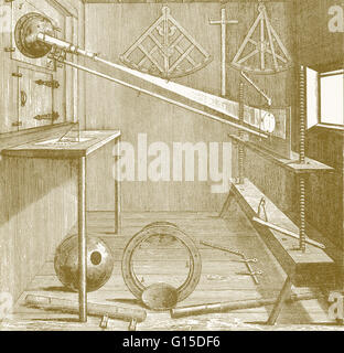 Apparat von Johannes Hevelius (ca. 1640), für das Studium der Sonne benutzt. Hevelius, deutscher Astronom, wurde auch für seine Karte des Mondes und seiner Sterne Katalog festgestellt. Seine Arbeit war typisch für die astronomischen Revolution des 17. Jahrhunderts. Stockfoto