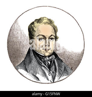 Kupferstich von Magendie aus dem Jahr 1822. François Magendie (1783-1855) war ein französischer Physiologe, gilt als Pionier der experimentellen Physiologie. Er ist bekannt für die Beschreibung von Foramen Magendie. Sein wichtigste Beitrag zur Wissenschaft war auch seine meisten dis Stockfoto