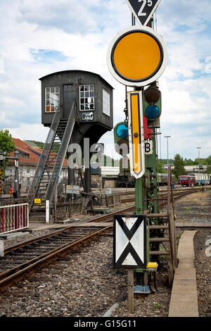DEU, wird, Ruhr-Gebiet, Bochum, Eisenbahn-Museum im Stadtteil Dahlhausen, alte Signale und Stellwerk. Stockfoto