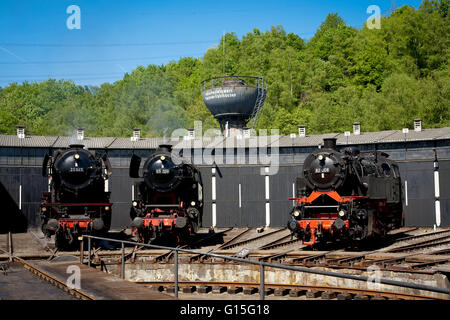 DEU, wird, Ruhr Gebiet, Bochum, Eisenbahn-Museum im Stadtteil Dahlhausen, alte Dampflokomotiven vor einem Schuppen Hangar. Stockfoto