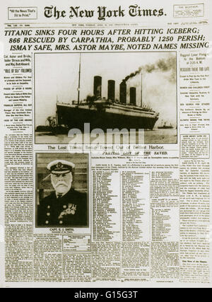 Artikel der New York Times vom 16. April 1912 über den Untergang der Titanic. Das Titanic Dampfschiff war das größte Schiff, das jemals gebaut wurde zu der Zeit. Im Jahr 1912 segelte das Schiff aus Southampton, England nach New York City. Am 14. April 1912 traf das Schiff einen Eisberg Stockfoto