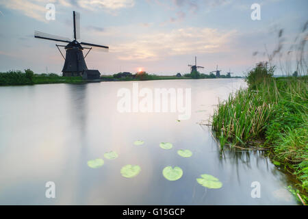 Blauer Himmel und rosa Wolken auf die Windmühlen spiegelt sich in den Kanal im Morgengrauen, Kinderdijk, Rotterdam, Zuid-Holland, Niederlande Stockfoto