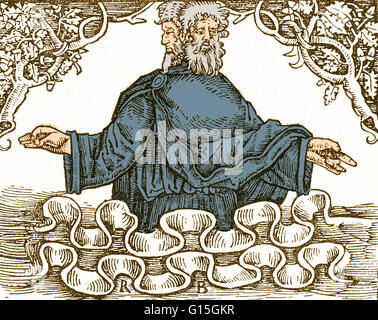 Janus, der alten römischen Gott der Anfänge und Übergänge (Tore, Türen, Türen, Endungen und Zeit). Er erscheint in der Regel mit zwei Köpfen, die in entgegengesetzte Richtungen vor. Stockfoto