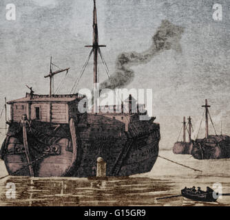 Das britische Schiff HMS Jersey war ein Lazarettschiff umfunktioniert und angedockt an Wallabout Bay, New York (jetzt Brooklyn Navy Yard). Während der amerikanischen Revolution es von den Briten als Gefängnisschiff gefangenen Soldaten der Kontinentalarmee diente. Stockfoto