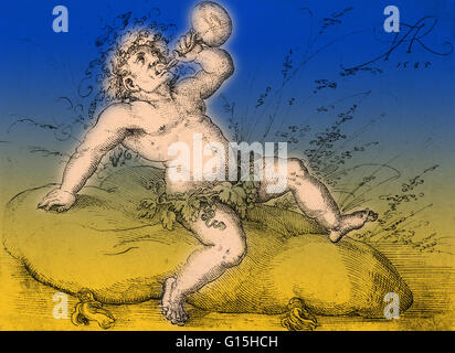 Dionysos, in der griechischen Mythologie der Gott der Weinlese, Weinbau und Wein, der rituellen Wahnsinn und Ekstase. Er war auch bekannt als Bacchus von den Römern. Artwork von Jost Amman. Stockfoto