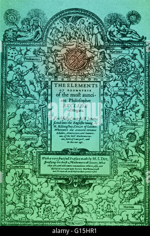 Die erste Ausgabe von Euklids Elementen der Geometrie in englischer Sprache (übersetzt von Sir Henry Billingsley und veröffentlicht im Jahre 1570) gedruckt werden durchgeführt auf der Titelseite ein Druckfehler. Die falsche Euclid wurde als Autor genannt. Euklid (Bedeutung, guter Glanz, 300 v. Chr.) war ein Stockfoto