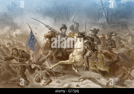 Verbesserte Darstellung der Schlacht von Shiloh, auch bekannt als die Schlacht von Pittsburg Landing, eine große Schlacht des amerikanischen Bürgerkrieges, 6. und 7. April 1862 in Tennessee Farbe. Die Unions-Armee unter General Ulysses S. Grant zog Sie den Tennessee River d Stockfoto