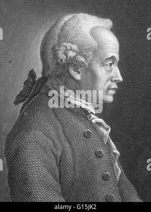 Immanuel Kant (22. April 1724 - 12. Februar 1804) war ein deutscher Philosoph, recherchiert, hielt Vorträge und schrieb über Philosophie und Anthropologie im Zeitalter der Aufklärung am Ende des 18. Jahrhunderts. Sein Hauptwerk, der Kritik der reinen Vernunft (1781), aime Stockfoto