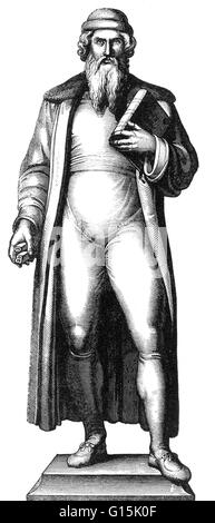 Gravur einer Statue von Gutenberg. Johannes Gensfleisch Zur beladenes Zum Gutenberg (1398 - 3 Februar 1468) war ein deutscher Schmied, Goldschmied, Drucker und Verleger, der moderne Buchdruck eingeführt. Seine Erfindung des mechanischen Buchdruck Druck st Stockfoto