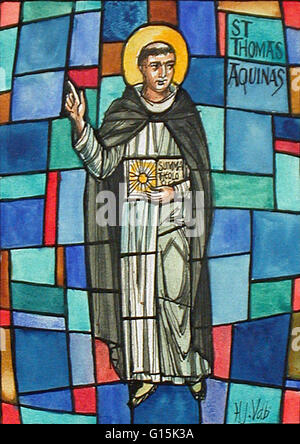 Design für ein Buntglasfenster mit Thomas von Aquin. Thomas Aquinas (28 Januar 1225-7 März 1274) war ein italienischer Dominikanermönch und Priester und ein einflussreicher Philosoph und Theologe in der Tradition der Scholastik, innerhalb derer er auch bekannt Stockfoto