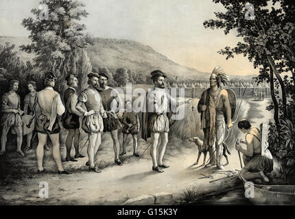 Drucken mit dem Titel: "Jacques Cartier, sein erstes Interview mit den Indianern in Hochelaga, jetzt Montreal im Jahre 1535." Jacques Cartier (1491-1557) war ein französischer Entdecker, Kanada für Frankreich in Anspruch genommen. Er war der erste Europäer zu beschreiben und ordnen Sie den Golf von Saint L Stockfoto