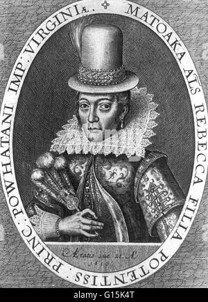 Porträt von Pocahontas (1595-1617), erinnerte sich ein Algonkin-Indianer für ihre Verbindung mit der kolonialen Siedlung in Jamestown, Virginia; in englischen Kleid. Sie war die Tochter von Chief Powhatan, den Kopf eines Netzes von Nebenfluss Stammes-Nationen in der Stockfoto