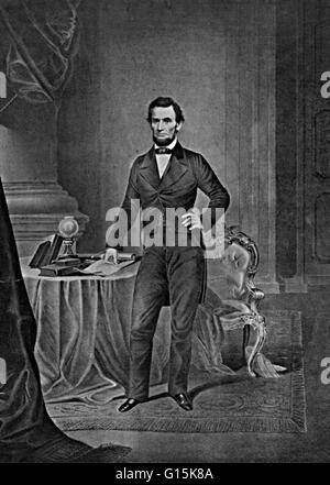 Abraham Lincoln (12. Februar 1809 - 15. April 1865) war der 16. Präsident der Vereinigten Staaten, von März 1861 bis zu seiner Ermordung im Jahre 1865. Er führte sein Land durch die American Civil War, Erhaltung der Union während der Sklaverei und die Förderung Stockfoto