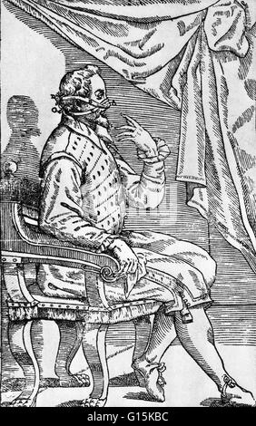 Eine Gaspare Tagliacozzis Methoden für den Ersatz eines fehlenden Nase.  Hier sehen wir, wie Bandagen (B, C) halten die neue Nase (A) zu unterstützen, bis es im Ort wächst.  Gaspare Tagliacozzi (1547-1599) war eine italienische plastischen Chirurgen.  Obwohl rekonstruktive Chirurgie Stockfoto
