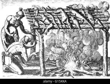 Timucuan Inder Grillen Alligatoren aus "Brevis Narratio Eorum Quae in Florida Americai Provincia Gallis Acciderunt", veröffentlicht im Jahre 1591 mit Gravuren von Theodore de Bry (1528-98). Jacques le Moyne de Leichenhallen (1533-1588) war ein französischer Künstler und Mitglied Stockfoto