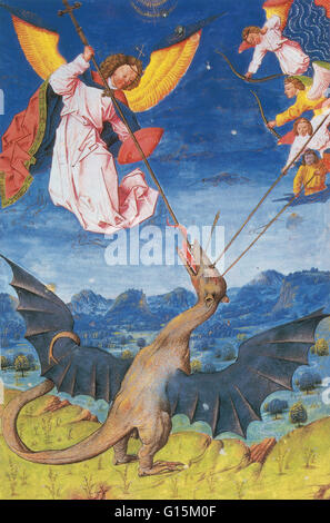 St. Michael und seine Engel kämpfen Satan in Form von einem Wyvern. Bild aus dem Liber Floridus, flämische Manuskript 1448. Michael ist ein Erzengel in jüdischen, christlichen und islamischen Lehren. Katholiken, orthodoxe, Anglikaner und Lutheraner Stockfoto