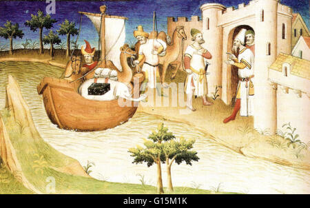 Marco Polo mit Elefanten und Kamelen in den Golf von Persien aus Indien. Miniatur aus dem Buch, die Reisen des Marco Polo. Marco Polo (1254-1324) war ein venezianischer Kaufmann Reisender und die berühmtesten Bewohner des Westens an der Seidenstraße gereist sein. Er zeichnete sich Stockfoto