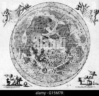 Karte des Mondes von der polnische Astronom Johannes Hevelius (1611-1687), veröffentlicht im Jahre 1654 in Selenographia Sive Lunae Descriptio (Selenografie oder eine Beschreibung des Mondes). Die Karte zeigt Libration (die Schwingung von der sichtbaren Oberfläche des Mondes), eine Stockfoto