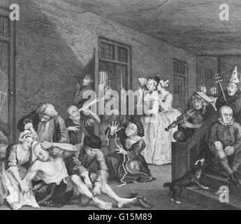 "Tollhaus", eine Gravur des Engländers William Hogarth (1697-1764), Darstellung psychisch gestört Patienten auf einer Station am Bethlehem Hospital in London. Die ursprüngliche Gravur wurde im Jahre 1735 veröffentlicht und umfasste Platte 8 in der Serie "The Rake Progr Stockfoto