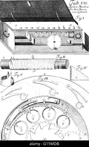 Leibniz kann der erste Computer-Wissenschaftler und Informationen-Theoretiker gewesen sein. Der Schritt Reckoner (oder trat Reckoner) war eine digitale mechanische Rechenmaschine erfunden von dem deutschen Mathematiker Gottfried Wilhelm Leibniz ca. 1672 und absolvierte im Jahr 1694. Es war t Stockfoto