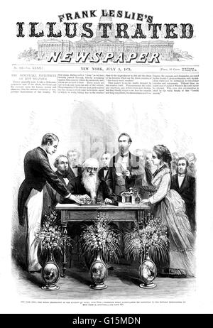 Unter dem Titel: "New York City. Die Morse-Feier an der Academy of Music, 10. Juni 1871. Professor Morse manipulieren seine Unterschrift auf die Nachricht telegraphierte von Miss Sadie E. Cornwell. " Samuel Finley Breese Morse (27. April 1791 - 2. April 1872) war ein Stockfoto