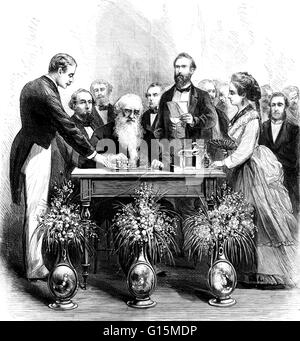 Unter dem Titel: "New York City. Die Morse-Feier an der Academy of Music, 10. Juni 1871. Professor Morse manipulieren seine Unterschrift auf die Nachricht telegraphierte von Miss Sadie E. Cornwell. " Samuel Finley Breese Morse (27. April 1791 - 2. April 1872) war ein Stockfoto