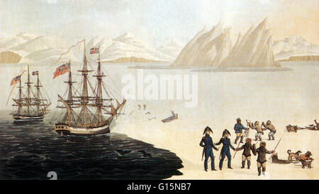 Illustration der erste Kontakt (1818) zwischen Polarforscher John Ross und die Eskimos (Inuit) von Baffin Island, hatte noch nie zuvor gesehenen Europäer, während Ross es Versuch, die Nordwestpassage zu finden.  Sir John Ross (1777-1856) war ein schottischer hinteren admir Stockfoto