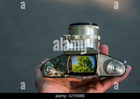 Natur mit alten Vintage 35mm-Film SLR-Kamera schießen. Blick durch den Sucher Stockfoto