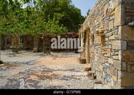 Stein-Fassade mit Bäumen und Farben an der Wand. Stockfoto