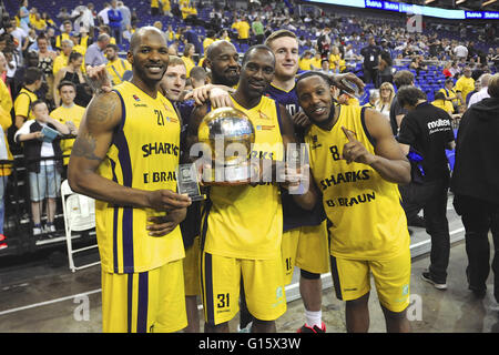 London, UK. 8. Mai 2016. Sheffield-Haie-Spieler suchen glücklich, nachdem sie den British Basketball League Play-off-Finals in The O2, London, UK gewonnen. Der eng umkämpften Finale sah fiel die Fahrer-Führung in der dritten Periode, aber ihr Angebot für eine historische Höhen kurz vor mehr als 12.000 Fans nach den Haien zum Sieg im letzten Quartal angetrieben. Das Endergebnis war Leicester Riders 77, Sheffield Haifische 84. Bildnachweis: Michael Preston/Alamy Live-Nachrichten Stockfoto