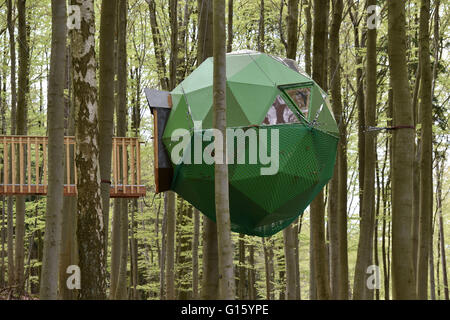 Witzenhausen, Deutschland. 29. April 2016. Außenansicht der Baumhaus Kugel befindet sich in einem Wald in der Nähe von Witzenhausen, Deutschland, 29. April 2016. Foto: UWE ZUCCHI/Dpa/Alamy Live News Stockfoto