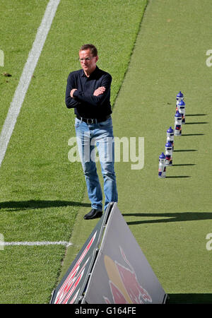 Leipzig, Deutschland. 8. Mai 2016. Leipzigs Trainer Ralf Rangnick beim deutschen Zweitligisten Bundesliga-Fußballspiel zwischen RB Leipzig und Karlsruher SC in der Red Bull Arena in Leipzig, Deutschland, 8. Mai 2016. Foto: JAN WOITAS/Dpa/Alamy Live News Stockfoto