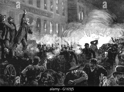 Die Haymarket-Affäre bezieht sich auf die Hinterlassenschaft eines Bombenanschlags, die an einer Arbeit-Demonstration am 4. Mai 1886, am Haymarket Square in Chicago stattfand. Es begann als eine friedliche Kundgebung zur Unterstützung der Arbeitnehmer auffällig für einen Achtstundentag. Eine unbekannte Person warf einen Stockfoto
